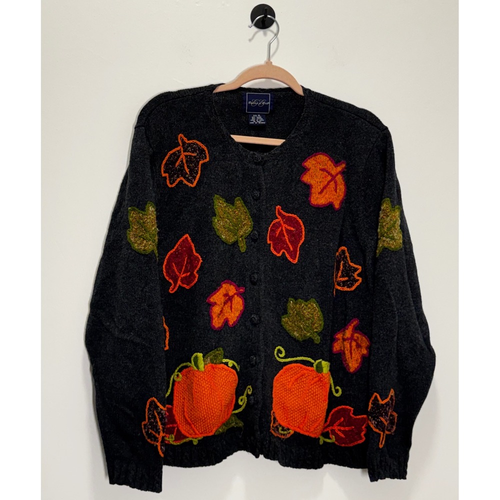 Vintage Eagle's Eye Womens XL Pumpkin Fall Leaf Cardigan Sweater Charcoal Gray